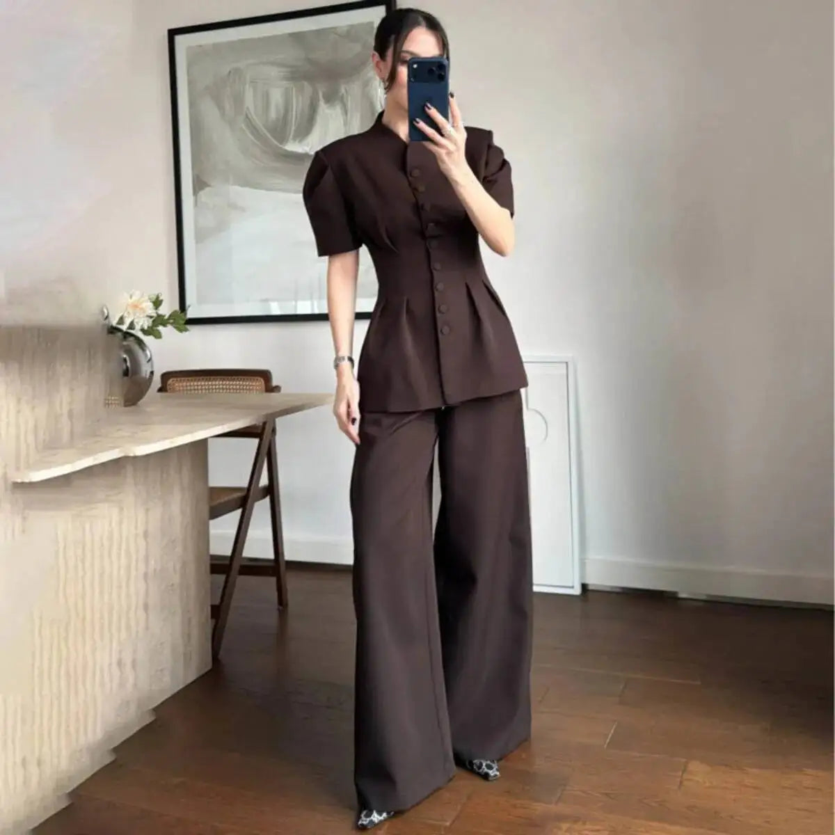 2026 New Women Two Piece Pant Suit Stand Collar Short Sleeve Peplum Top High Waist Wide Leg Trousers Elegant Outfit Set