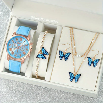 Fashion 5pcs women's quartz watch set, paired with blue butterfly jewelry - round zinc alloy case, PU leather strap