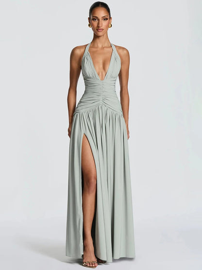 Mozision Halter Deep V Neck Sexy Maxi Dress Women Elegant Off-shoulder Sleeveless High Split Pleated Club Party Long Dress