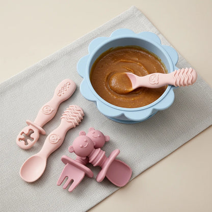 4pcs Silicone Spoon & Fork Set Long & Short Handles for Different Feeding Needs Baby Self-feeding Training Baby Birthday Gift