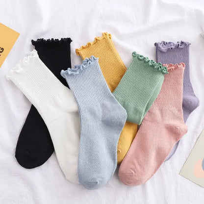 Ruffle Socks Women White Black Frilly Lolita Style Japanese Maiden Cute Kawaii Cotton Harajuku Princess Crew Socks Calcetines