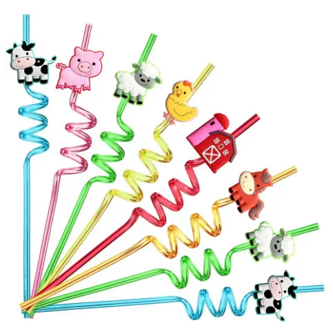 10/20/30pcs Reusable Farm Animal Drinking Straws Party Supplies Chickens Sheep Horses Cows Pigs Barns Farms Birthday Party Decor