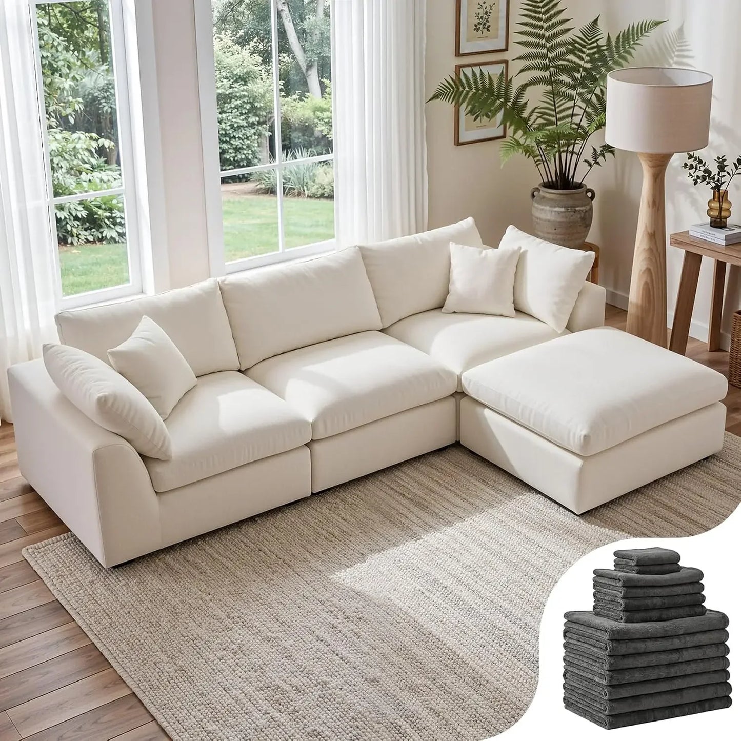 108" Cloud Sectional Couch with 2 Washable Cover Sets | L-Shaped Modular Sofa with Ottoman, Deep Seat Couch for living room