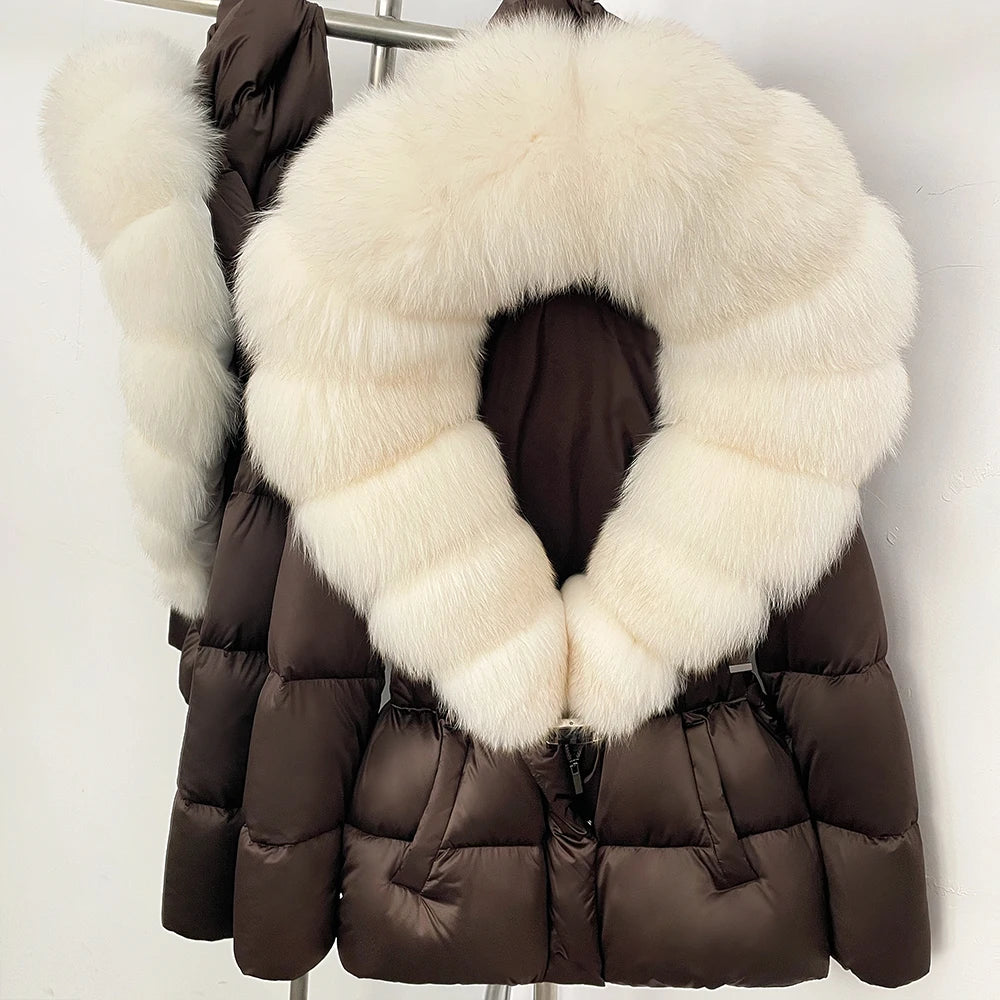 OFTBUY New Fashion Winter Clothes Women Duck Down Coat with Big Natural Fur Collar Belt Hooded Real Fox Fur Puffer Jacket Female
