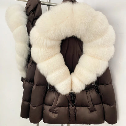 OFTBUY New Fashion Winter Clothes Women Duck Down Coat with Big Natural Fur Collar Belt Hooded Real Fox Fur Puffer Jacket Female