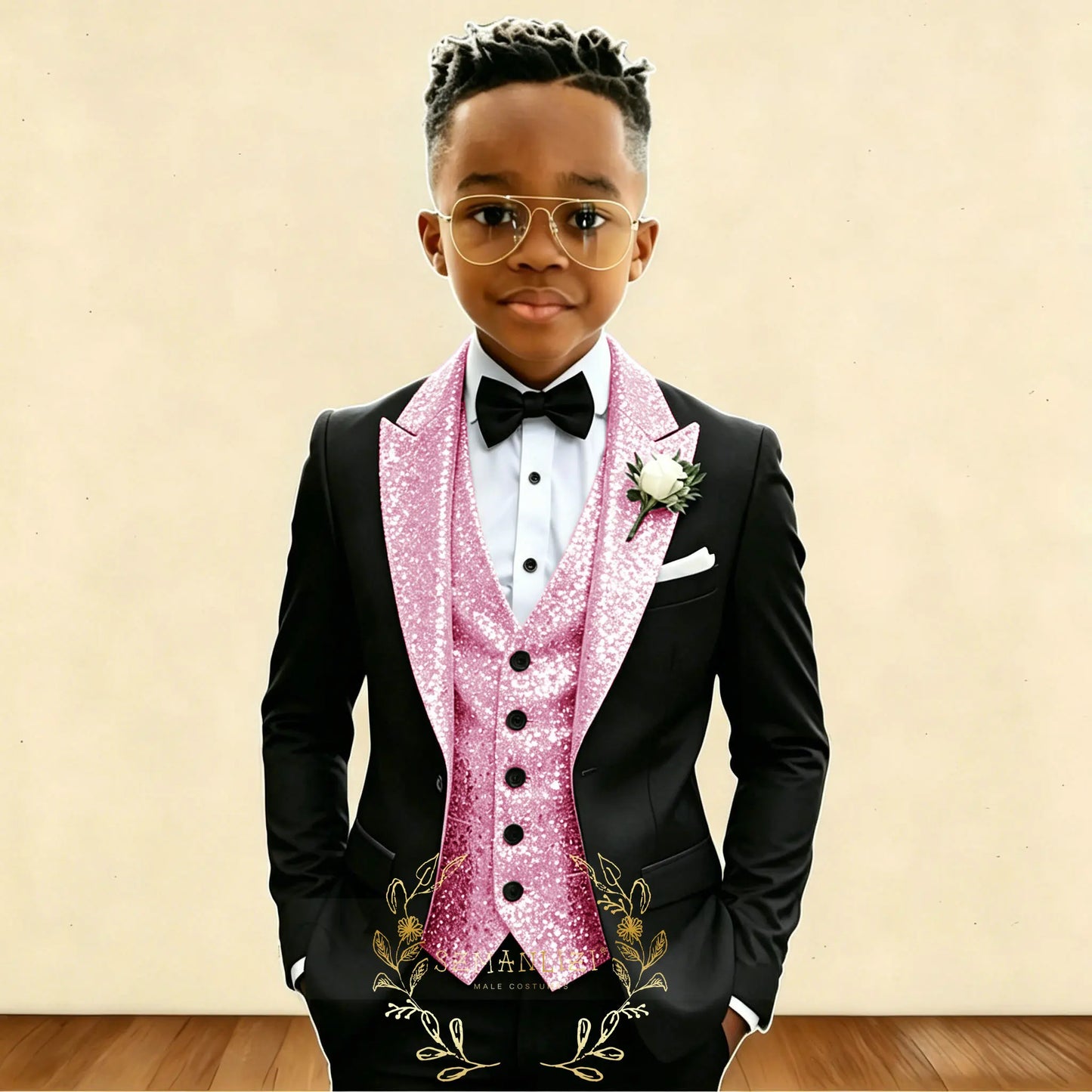 Black And Gold Sequin Boy's Suit Attire Peaked Lapel Children Wedding Party Tuxedos 3 Pieces Sets costume garçon cérémonie 2026