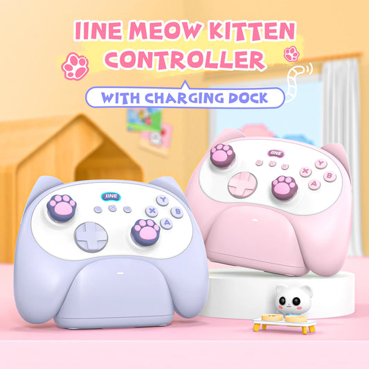 IINE PC/iOS/Android/Phone/Switch Meow Cat Controller with Charging Dock, Hall Effect Joystick & Trigger  Two-Player Game