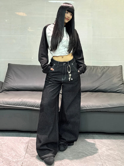 American High Street Cartoon Print Design Black Women's Loose Wide Leg Jeans Y2K Street Fashion Versatile Trousers