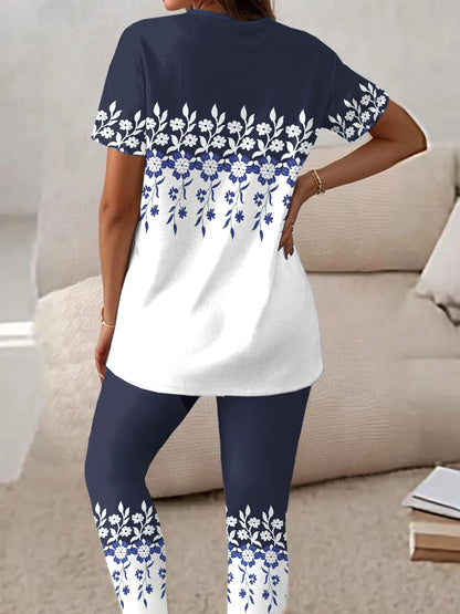 Plus Size Ladies Hit Casual Flower Color Printing Large Size Round-Necked Short-Sleeved T-Shirt Printed Pants Two-Piece Set