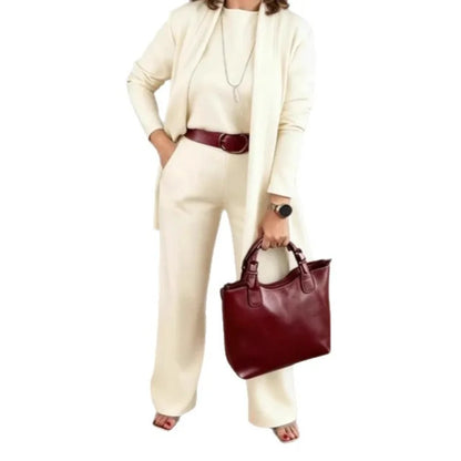 2026 Elegant Ladies Clothing 3 Pieces Set Autumn White Long Cardigan Coat Wide Leg Pants Sets T-shirt  Three-piece Outfit Women