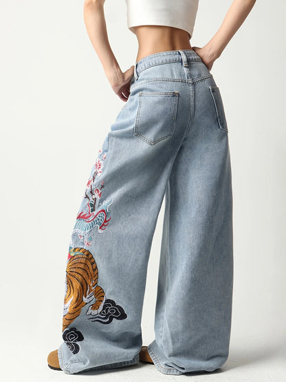 European And American Wide-Leg Denim Pants, Featuring Dragon, Tiger, Plum Blossom, And Cloud Embroidery, High-Waisted Jeans
