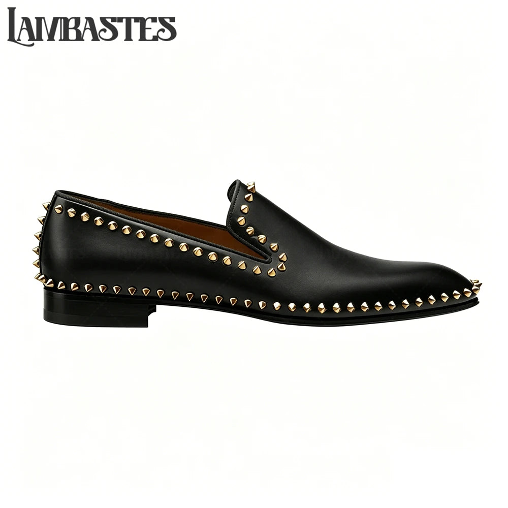 Metallic Stud Trimmed Mens Loafers Patent Matte PU Leather Slip on Shoes Edge Studded Accent Designer Style Formal Dress Shoes