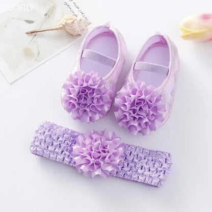 Spring Infant Baby Girl Shoes Newborn Lace Flowers Headband Anti-Slip Soft Sole First Walkers Toddler Kids Cotton Baptism Shoes