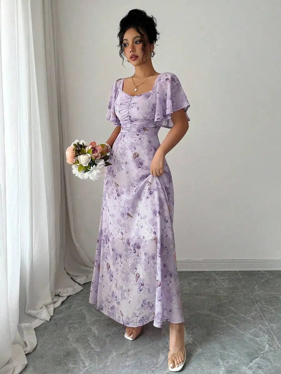 Women's Sweet French Style Mini Dress with Purple Butterfly Print, Batwing Sleeves & Back Zipper