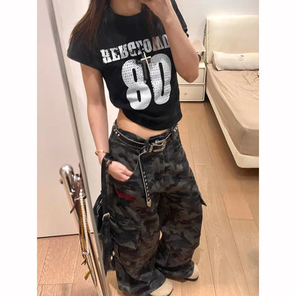 ZHIZOU Autumn Camouflage Baggy Cargo Pants Women High Rise Trousers Straight Wide Leg Oversize Pants Aesthetics Vintage Y2K jean