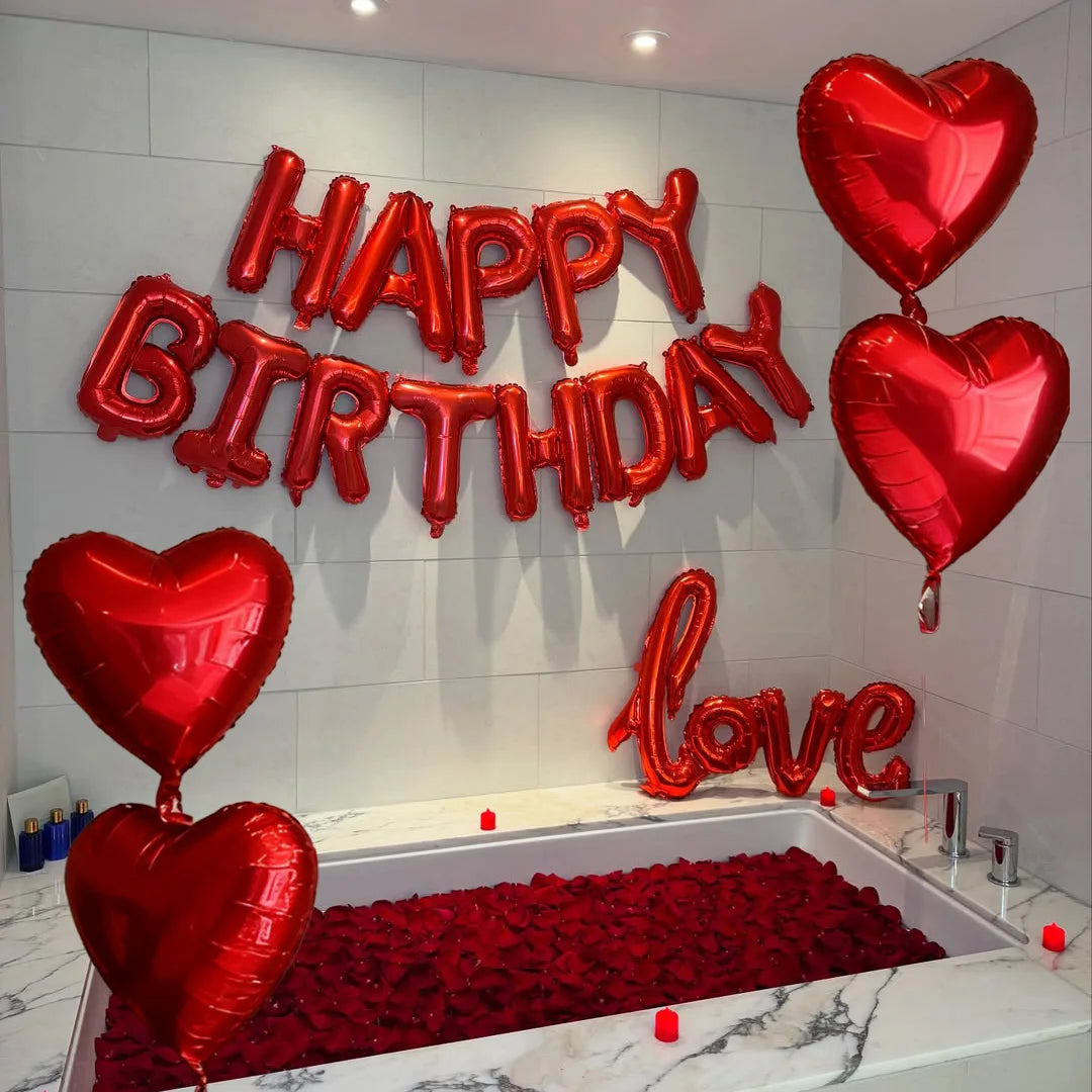 Red Birthday Balloon Set with Rose Petals LOVE Aluminum Film Balloon Birthday Party Decoration Photography Props