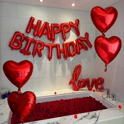 Red Birthday Balloon Set with Rose Petals LOVE Aluminum Film Balloon Birthday Party Decoration Photography Props