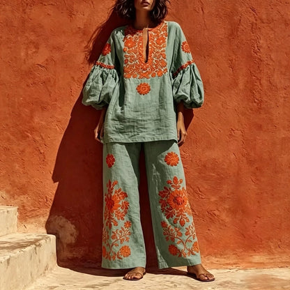 New Summer Women Boho Linen 2 Piece Outfit Floral Print Lantern Sleeve O Neck Blouse Wide Leg Pants Autumn Vintage Holiday Sets