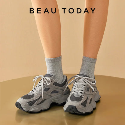 BEAUTODAY Chunky Sneakers Women Mesh Mixed Round Toe Lace-up Thick Sole New Breathable Ladies Sports Shoes Handmade HW29A14