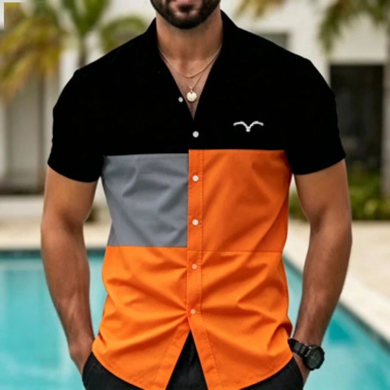 Men's short sleeved shirt with contrasting color splicing, geometric color block printed collar shirt, European and American str