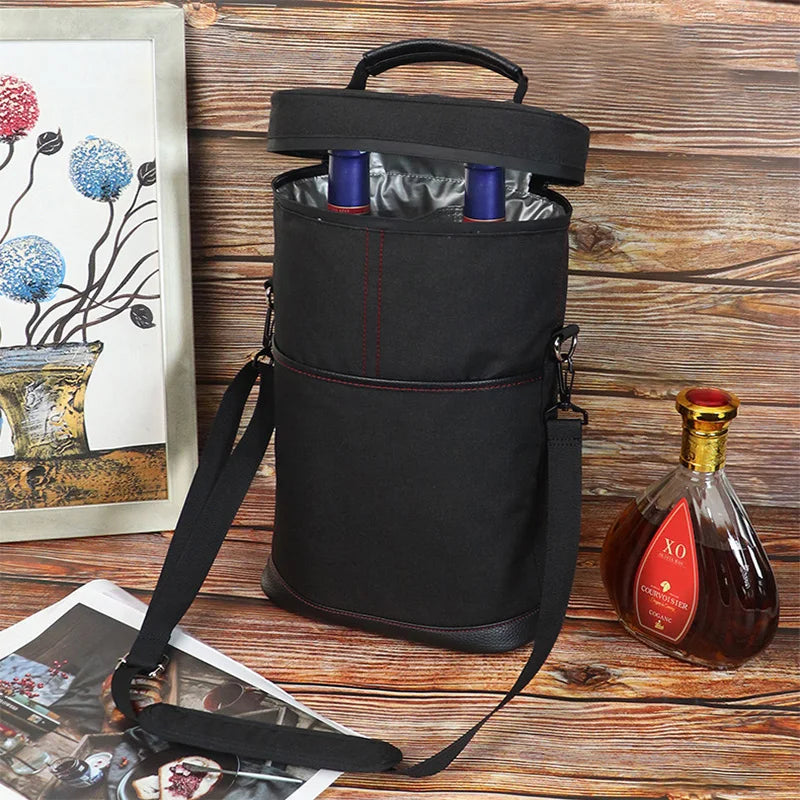 Portable Outdoor Wine Cooler Bag, Holds 2 Bottles 750ml Red Wine Beer, Handheld Insulated Travel Wine Carrier with Glass Storage