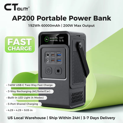 CTOLITY 200W Portable Power Station 192Wh Power Generator LED Light Emergency Solar Power Bank for Outdoor Camping Travel