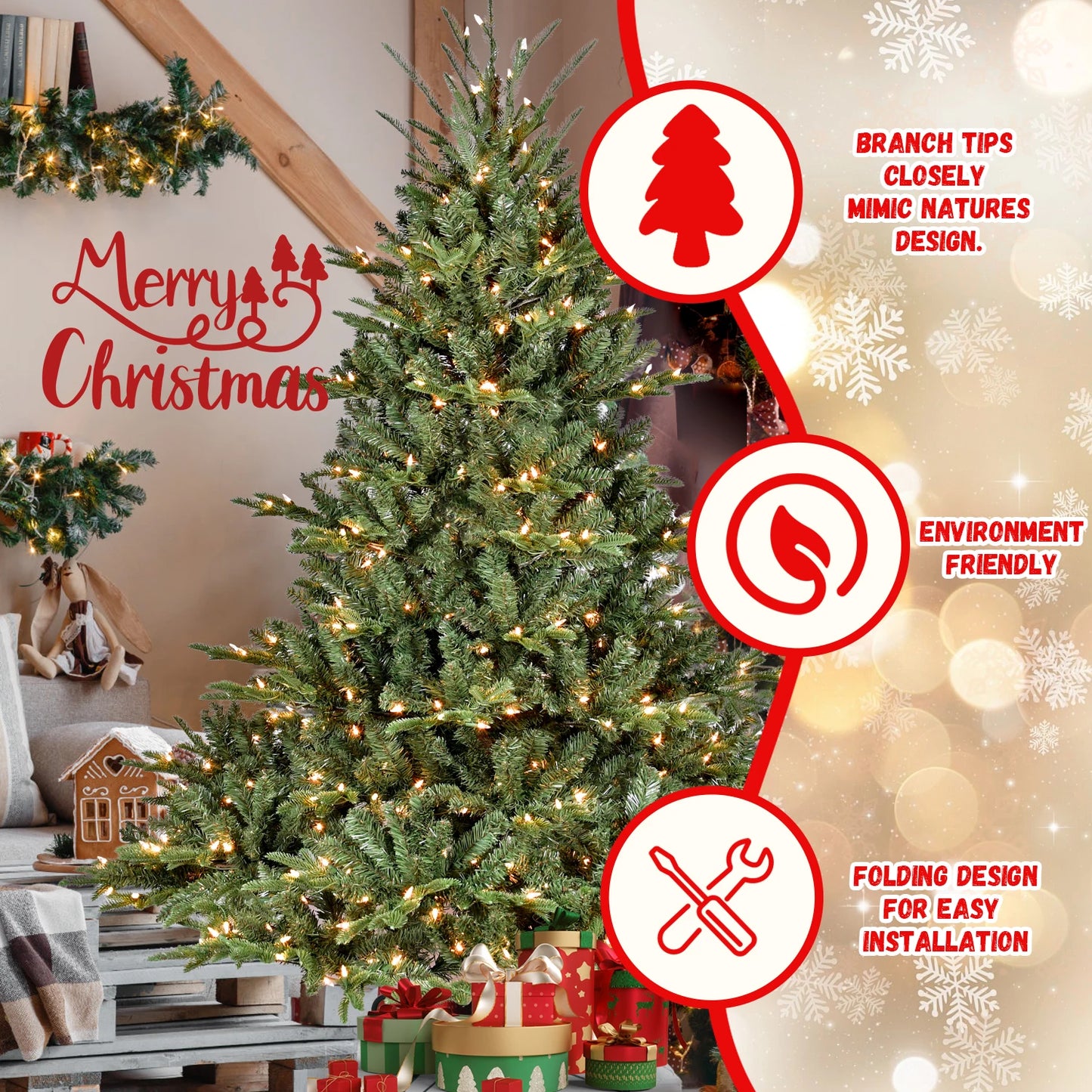 7.5ft Full-Shape Christmas Tree with 850 UL Certified Lights, 2441 PE/PVC Mixed Branch Tips, Hinged Easy Setup Artificial Tree with Wide Base and Metal Stand, Green