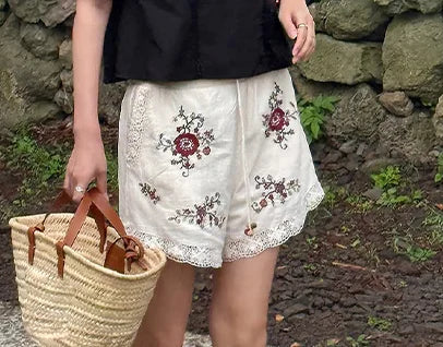 Floral Embroidered Linen-Blend Kimono Half-Sleeve Shirt & Lace Trim Shorts 2-Piece Set 2026 Summer Casual Women Office Outfit