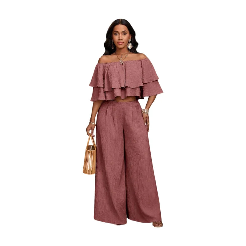 Women's Off Shoulder Ruffle Crop Top Matching Wide Leg Pants Outfit For Vacation Daily Casual Outdoor Travel Occasions
