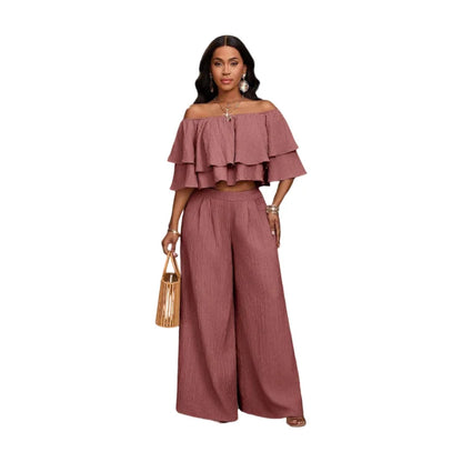Women's Off Shoulder Ruffle Crop Top Matching Wide Leg Pants Outfit For Vacation Daily Casual Outdoor Travel Occasions