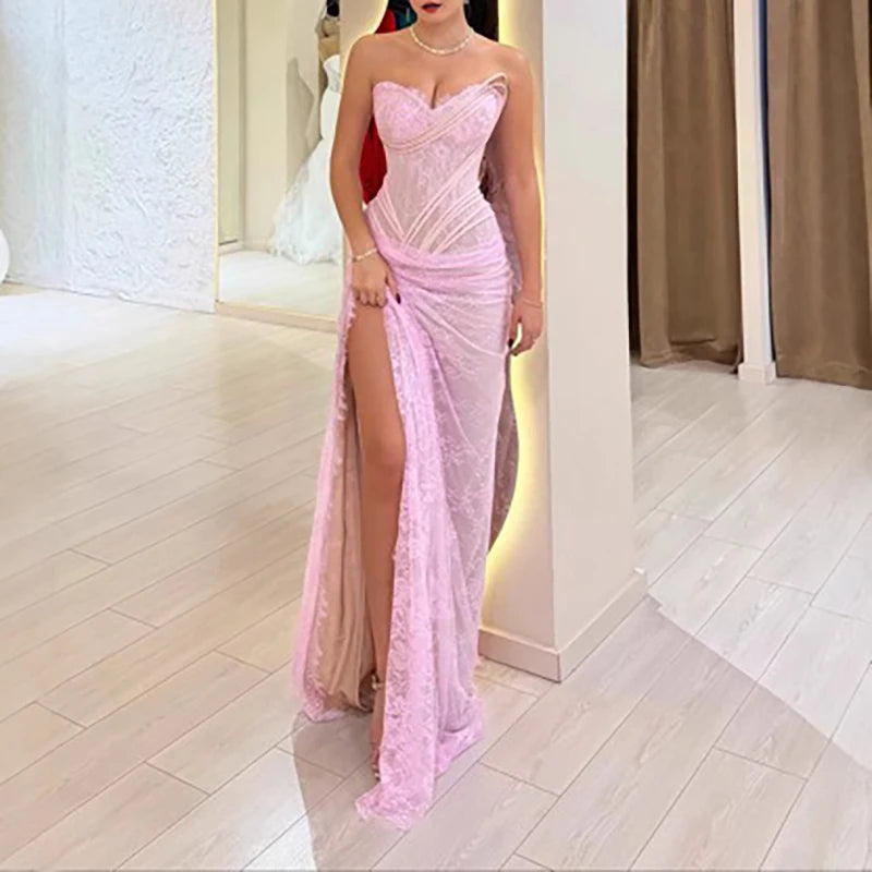 Women Fashion High Waist Split Slim Evening Dress Sexy Lace Embroidery Luxury Gowns Sexy Strapless Sleeveless Irregular Dresses