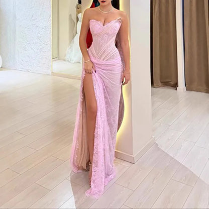 Women Fashion High Waist Split Slim Evening Dress Sexy Lace Embroidery Luxury Gowns Sexy Strapless Sleeveless Irregular Dresses