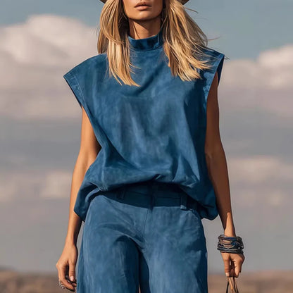 New Fashion Shirt + Wide Leg Pants Two-piece Sets Women Summer Casual Loose Solid Color Denim Top And Trousers Suit For Women