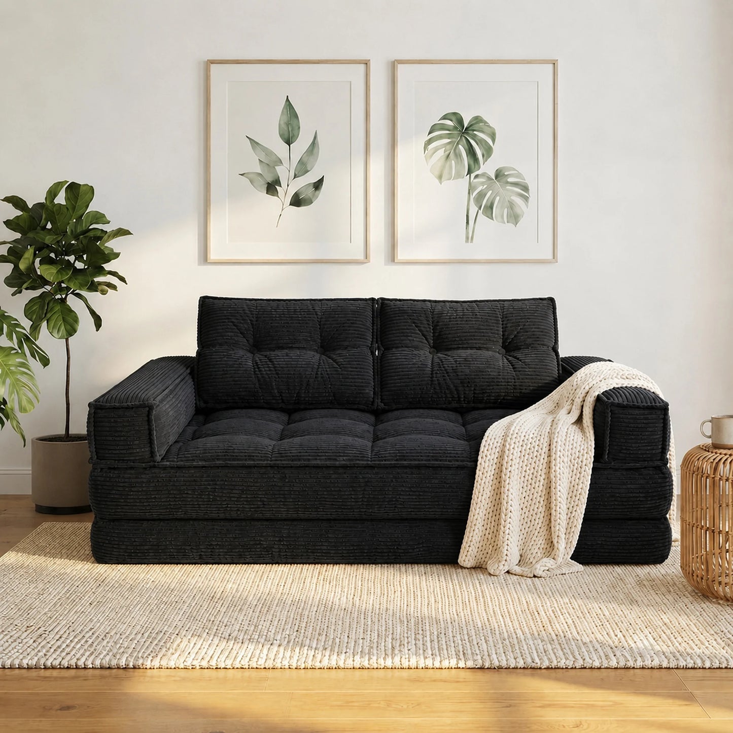 51" 2-Seater Modular Corduroy Sofa with Chaise, 2-in-1 Boneless Convertible Floor Couch, Lazy Double Sofa with Armrest for Living Room, Black