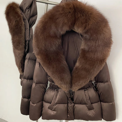 OFTBUY New Fashion Winter Clothes Women Duck Down Coat with Big Natural Fur Collar Belt Hooded Real Fox Fur Puffer Jacket Female