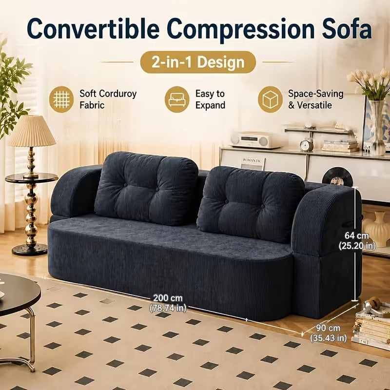 Vacuum Compressed Sofa Bed Convertible 2 in 1 Folding Couch with Soft Cushions Space Saving Floor Sofa for Living Room Bedroom Apartment Guest Room Lounge Modern Upholstered Sleeper Sofa in Blue or Green Easy Setup Comfortabl