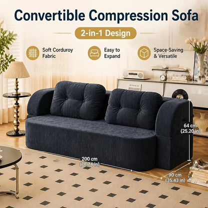 Vacuum Compressed Sofa Bed Convertible 2 in 1 Folding Couch with Soft Cushions Space Saving Floor Sofa for Living Room Bedroom Apartment Guest Room Lounge Modern Upholstered Sleeper Sofa in Blue or Green Easy Setup Comfortabl