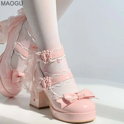 Lovely Girls Pink Lolita Butterfly Knot High Heels Platform Shoes for Women Cute Sakura Dress Mary Janes Beige Size 34-42