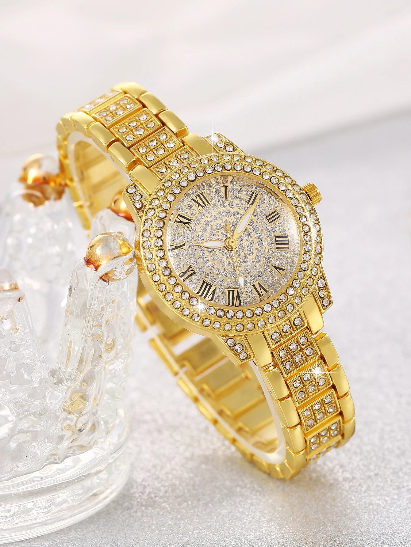 Ladies round Shell Embedded Quartz Watch Set with Floral Bracelet Necklace Ring Bracelet Earring - Festive Gift