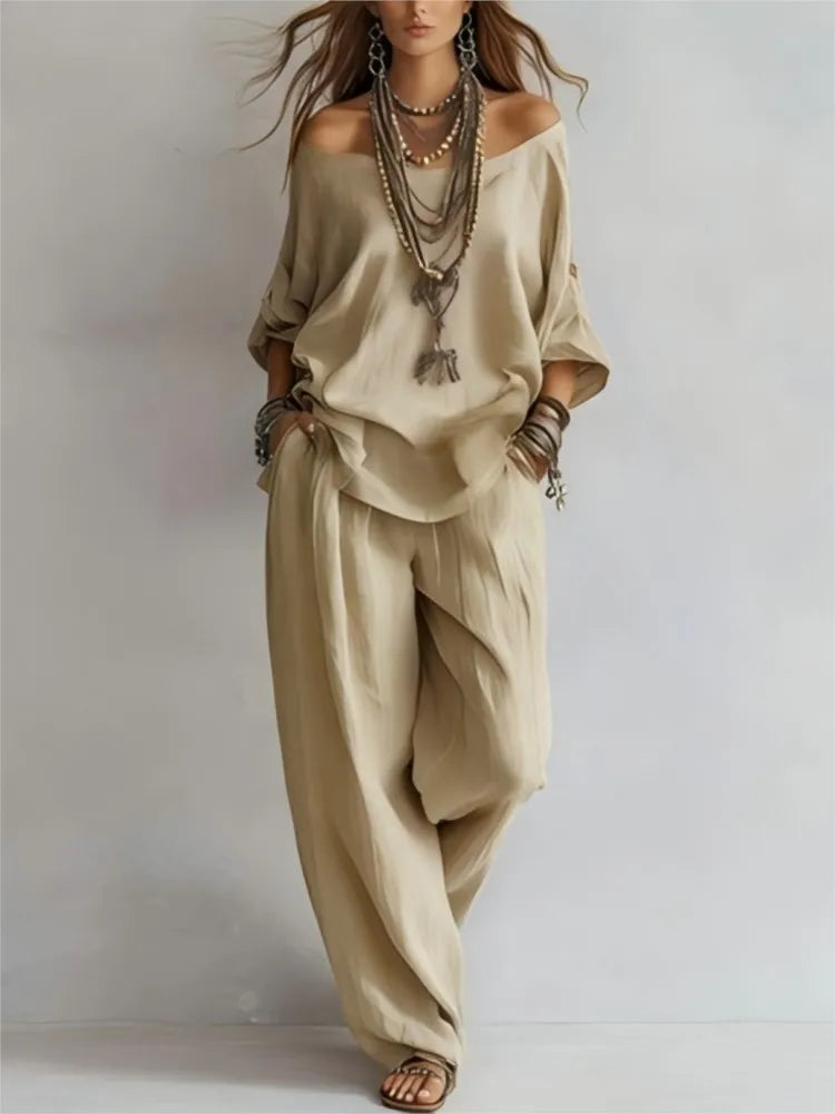 2026Fashion V Neck 7 Button Sleeve Women Top Set 2 Pieces Spring Summer Elegant Loose Fitting Wide Leg Pockets Pants Female Suit