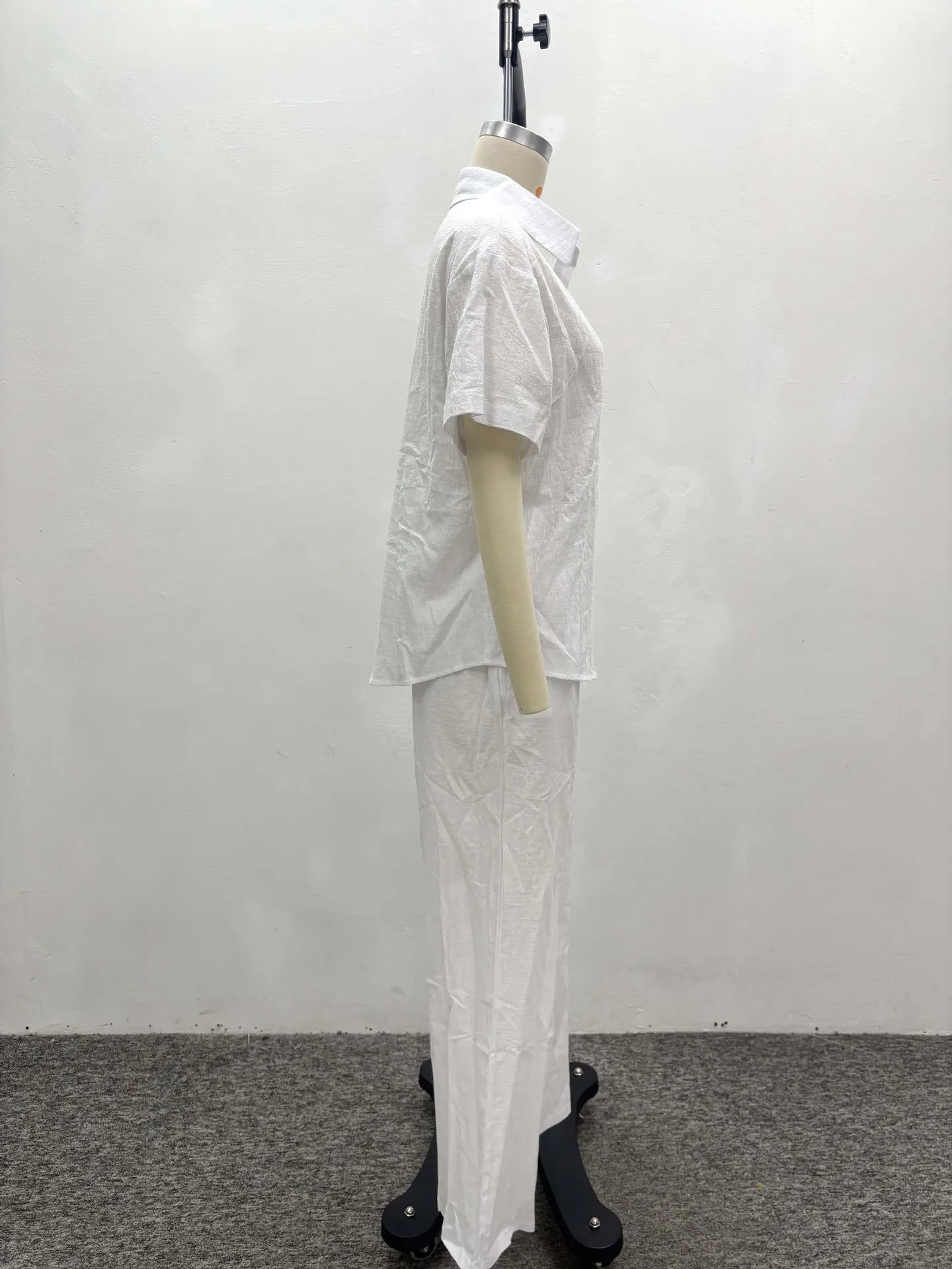 Women Casual Two Piece Pant Set Short Sleeve Turn Down Collar Shirts Top and High Waist Loose Wide Leg Pant Matching Set 2025