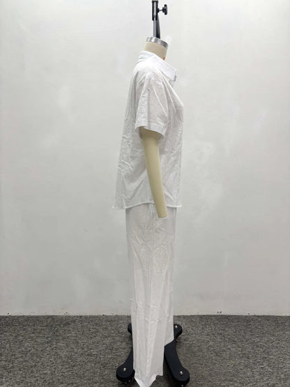 Women Casual Two Piece Pant Set Short Sleeve Turn Down Collar Shirts Top and High Waist Loose Wide Leg Pant Matching Set 2025
