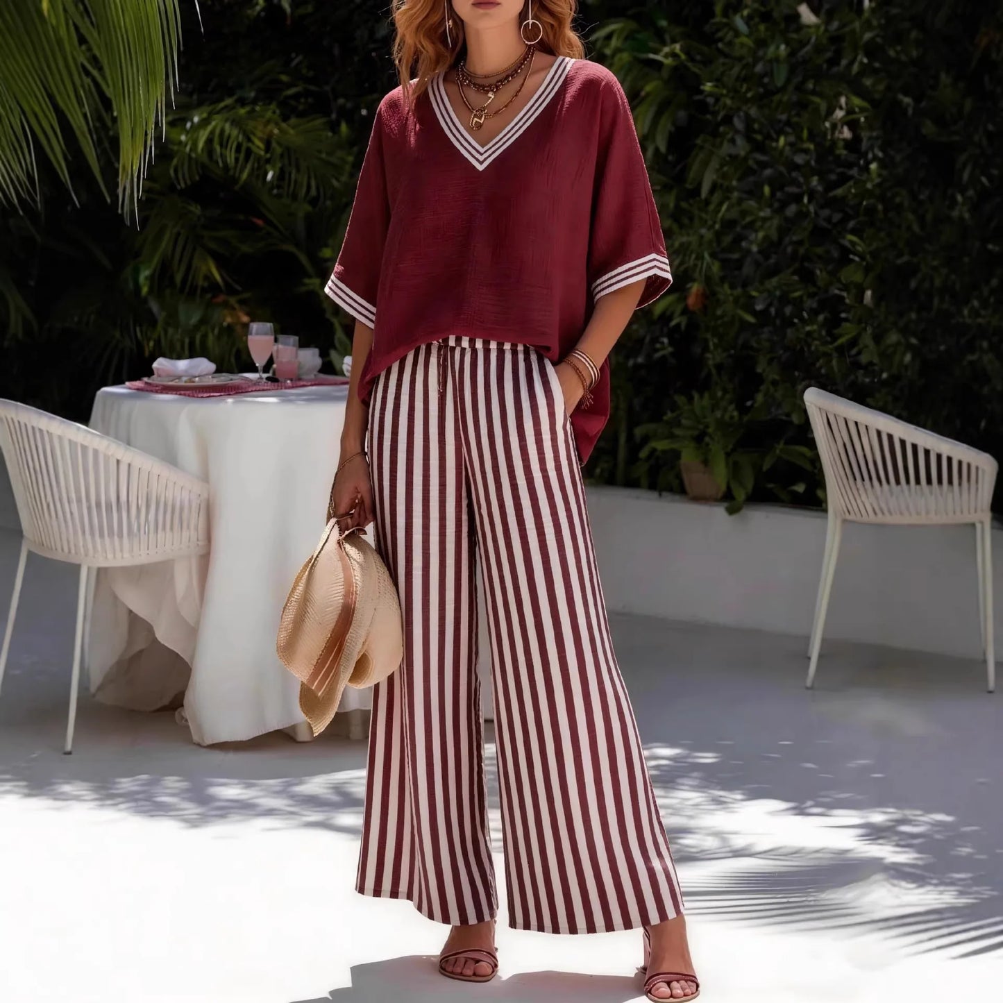Two Pieces Women Pant Sets Striped Matching Set Short Sleeves V Neck Top Elastic Waist Wide Leg Pants Loose Casual 2026 Summer