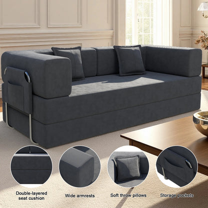 78.7" Convertible Sleeper Sofa Bed, Modular Corduroy Foldable Futon Loveseat, Compression in Box with Fixed Frame, Removable Armrests & Backrest, No Tool Assembly for Living Room Bedroom