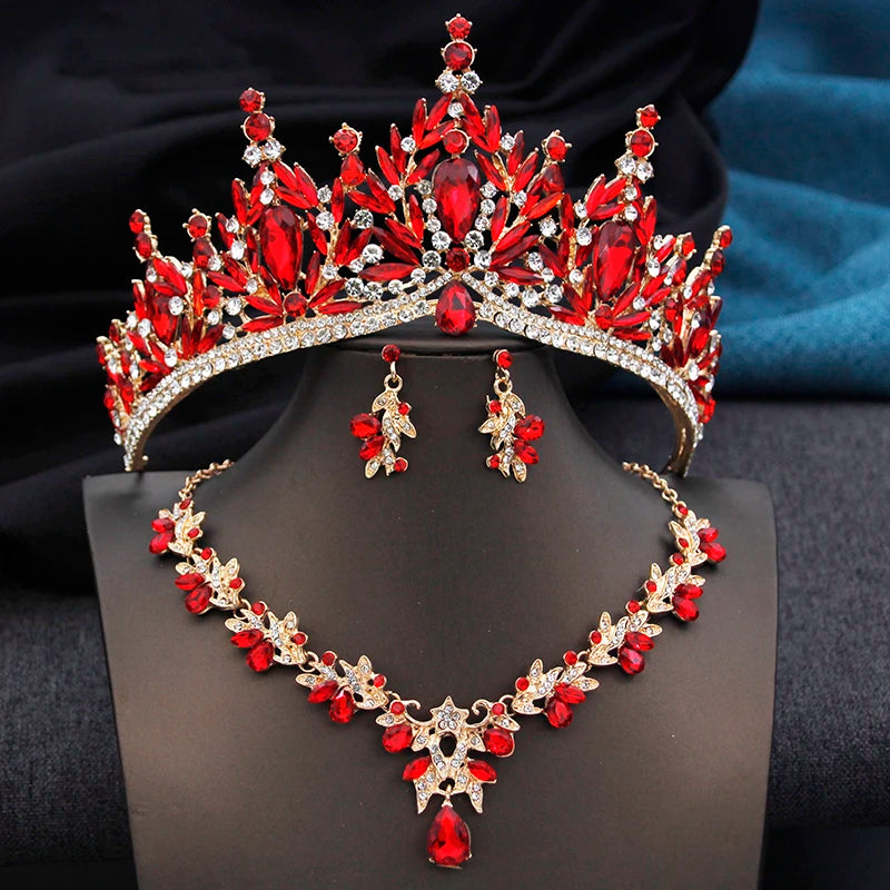 Royal Queen 3 Pcs Tiaras and necklace earrings for Bridal Jewelry Sets Women Brides Wedding Crown Prom Birthday Accessories