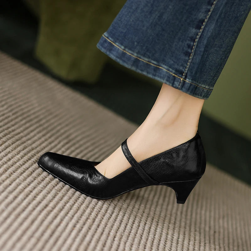 2025 New Spring Women Pumps Sheepskin Leather Women Shoes Pointed Toe Med Heel Concise Slip-on Shallow Handmade Shoes Mary Janes