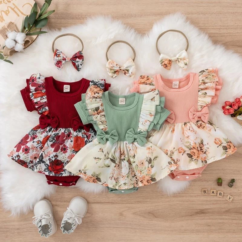 Baby Girls' Floral Romper Dress | Ruffle Shoulders & Bow Details | Everyday Wear, Portraits & Celebrations