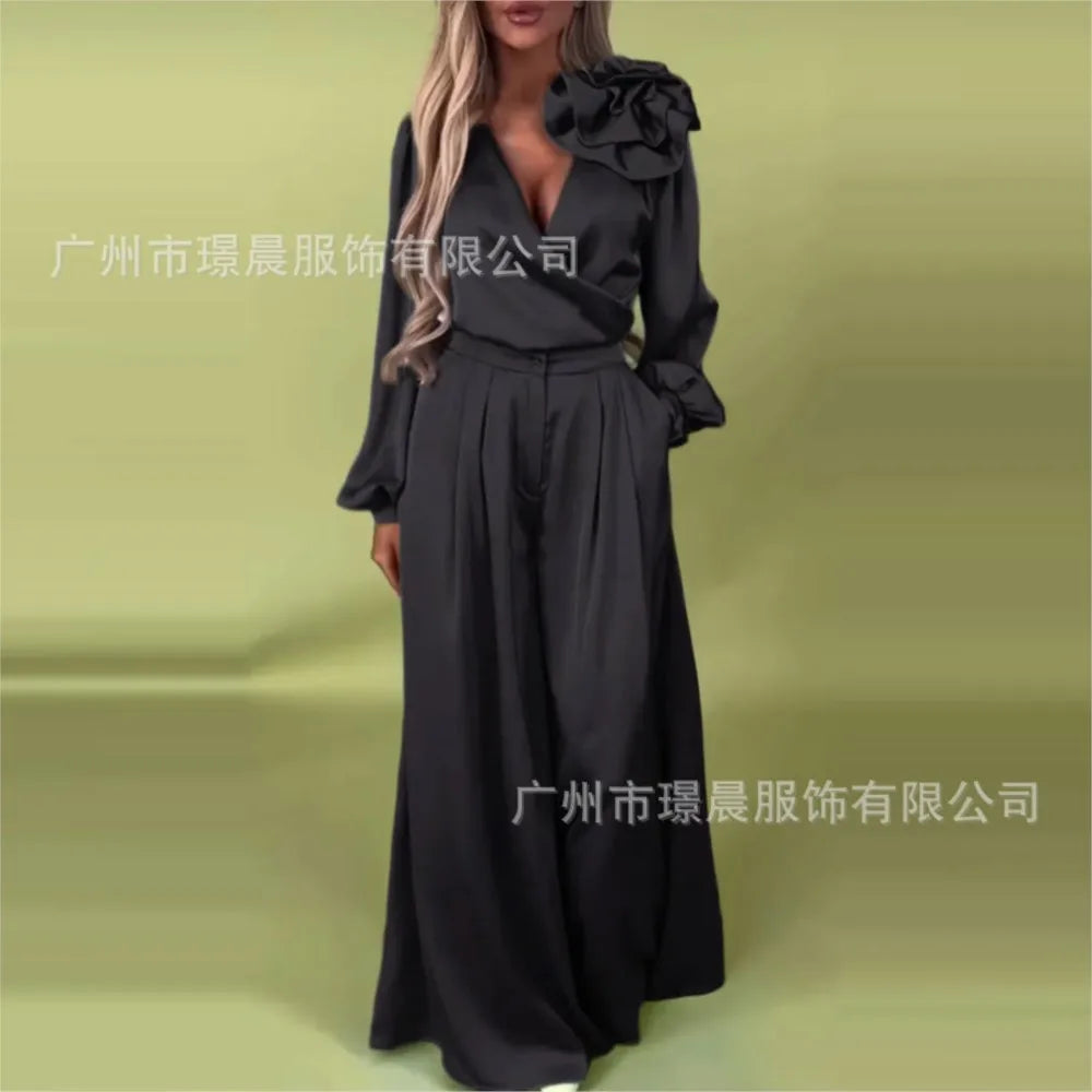 Fashion Solid Color Satin Long Sleeve Shirt Women 2 Piece Spring Autumn New Casual Loose Wide Leg Pants Pocket Female Office Set