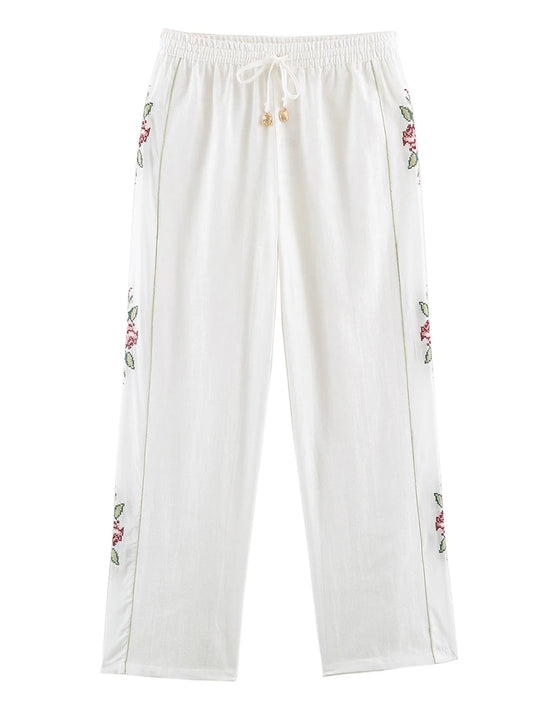HH Elegant Women's 2026 Floral Embroidered Straight-Leg Pants Spring Autumn Casual Elastic Waist Side Stripe Boho Trousers
