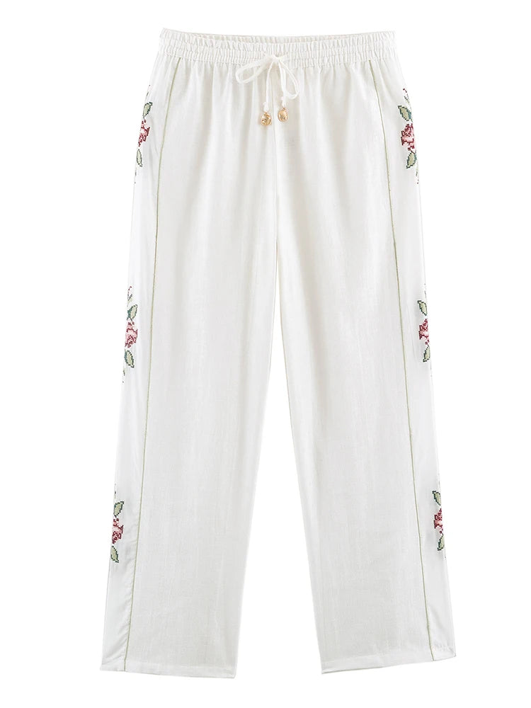 HH Elegant Women's 2026 Floral Embroidered Straight-Leg Pants Spring Autumn Casual Elastic Waist Side Stripe Boho Trousers